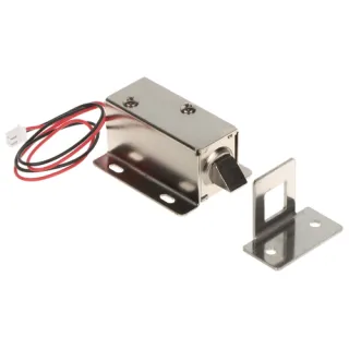 Electromagnetic cabinet lock with a metallic finish, featuring a compact design and two mounting holes. Includes a black latch and red and black wiring for easy installation.