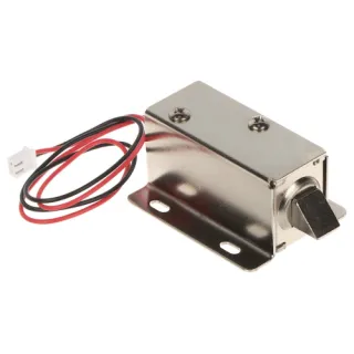 Electromagnetic cabinet lock with a metallic finish, featuring a robust design and two mounting holes for secure installation. The lock includes a red and black wire for easy electrical connection.