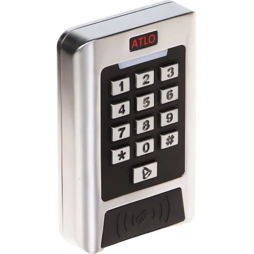A sleek, metallic keypad lock with a numeric pad and RFID reader, designed for secure access control. The device features a modern design with a black and silver finish, and an illuminated display for easy use.