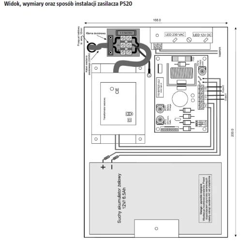 The image shows a detailed schematic of a buffer power supply unit with a 2A, 13.8V DC output. It includes labeled components such as a dry battery, connection terminals, and LED indicators for easy installation and operation.