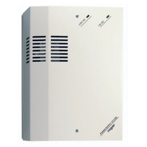 A white buffer power supply unit with ventilation slits and indicator lights on the front panel. The unit is designed for 13.8V DC output and features a robust metal casing.