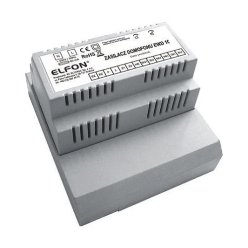 The image shows a gray Elfon power supply unit designed for door entry systems, featuring multiple connection terminals and labeled indicators. The compact device is equipped with ventilation slots for efficient cooling and is compliant with CE and RoHS standards.