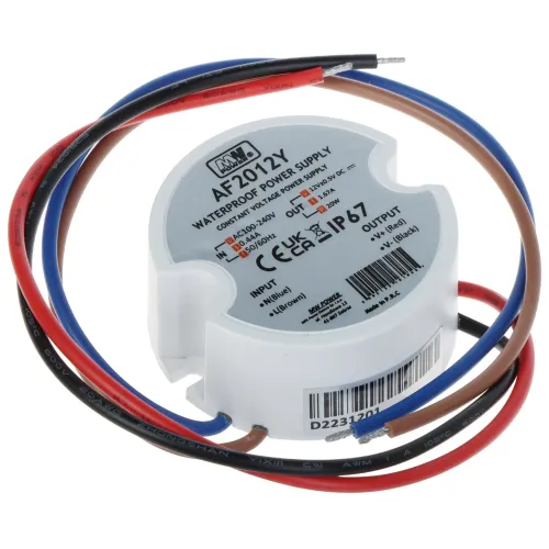 The image shows a compact, round waterproof power supply with multiple colored wires for input and output connections. It is designed for 12V output with a 16.7A capacity, suitable for various electronic devices.