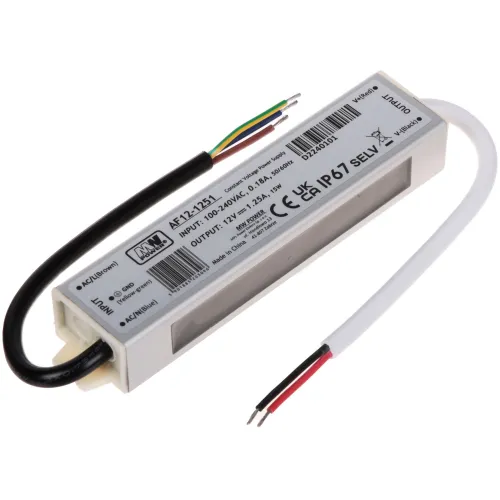 A rectangular, white impulse power supply with input and output wires is shown, featuring clear labeling and certification marks on its surface. The device is designed for converting AC to DC power, suitable for various electronic applications.