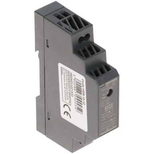 The image shows a compact, gray Mean Well HDR-15-12 DIN rail power supply with multiple connection terminals. It features a durable plastic casing and is designed for efficient power conversion in industrial settings.