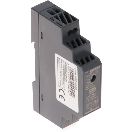 The image shows a compact, black Mean Well HDR-15-24 power supply with a DIN rail mounting design. It features labeled input and output specifications on the side, suitable for industrial applications.