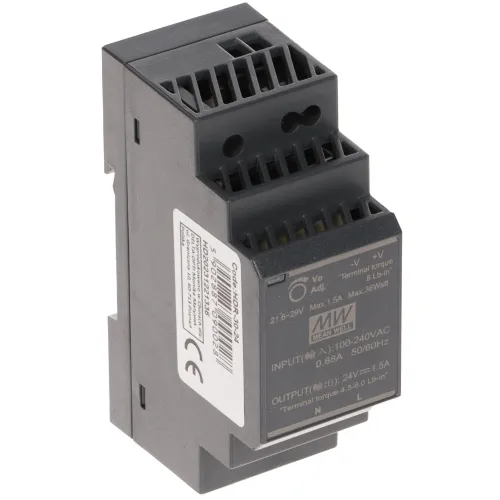 The image shows a compact, black Mean Well HDR-30-24 power supply with multiple terminal connections and a labeled input-output specification. It is designed for DIN rail mounting, suitable for industrial and electrical applications.