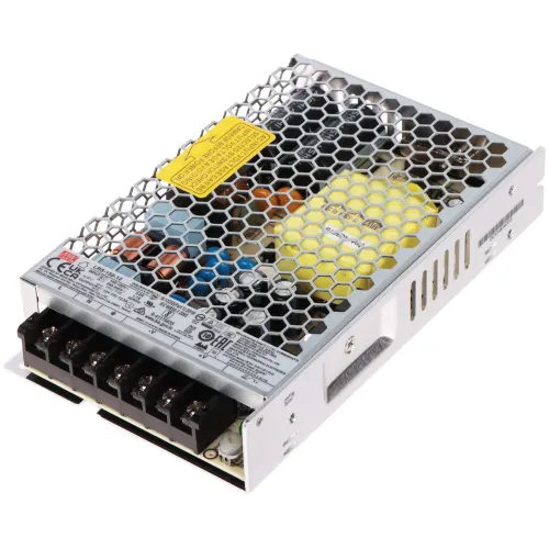 The image shows a compact, metal-cased switching power supply with a honeycomb ventilation design, ensuring efficient heat dissipation. It features multiple connection terminals and safety certifications, suitable for various electronic applications.