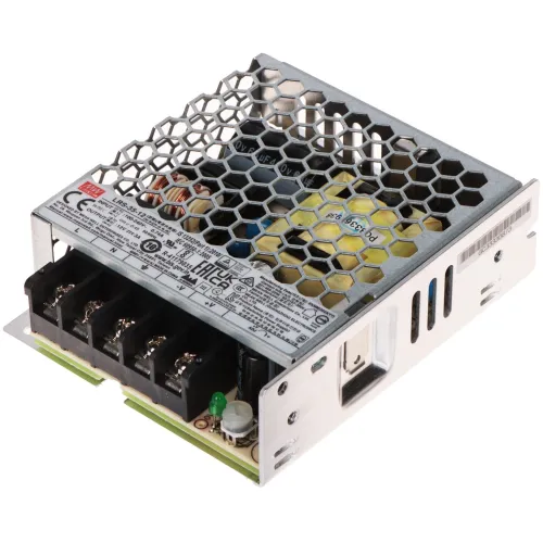 The image shows a compact, metal-cased switching power supply with a honeycomb ventilation design. It features multiple connection terminals and detailed labeling on the top surface.