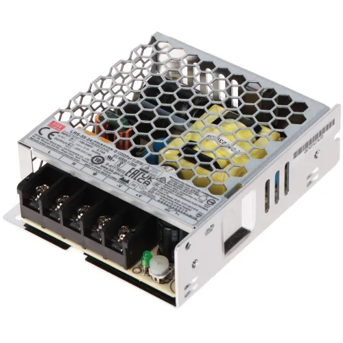 The image shows a compact, open-frame switching power supply with a metal mesh cover, designed for efficient heat dissipation. It features multiple connection terminals and is suitable for various electronic applications.