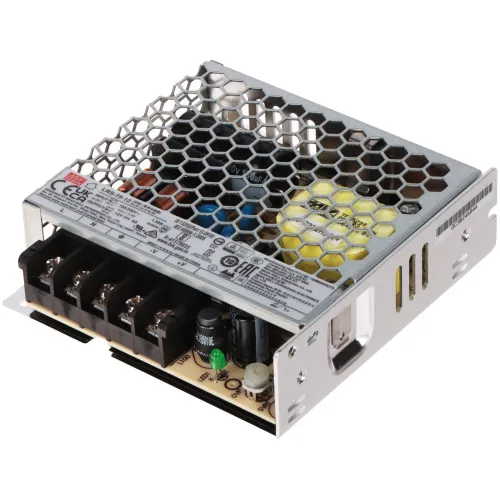 The image shows a compact, metal-cased switching power supply with a honeycomb ventilation design. It features multiple connection terminals and various electronic components visible through the open casing.