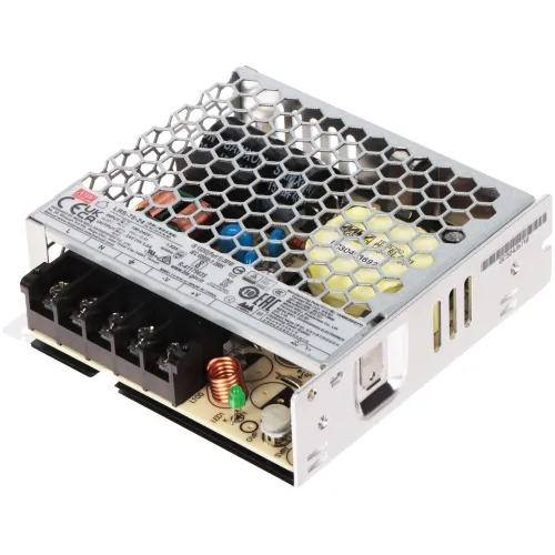 The image shows a compact, open-frame switching power supply with a metal mesh cover, designed for efficient heat dissipation. It features multiple connection terminals and clearly labeled specifications on the top surface.