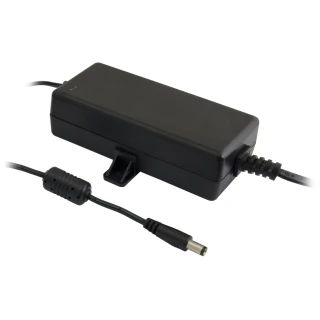 A black rectangular power adapter with a smooth finish features a detachable cable and a cylindrical connector. The adapter includes a built-in clip for secure attachment and a ferrite bead on the cable to reduce electromagnetic interference.