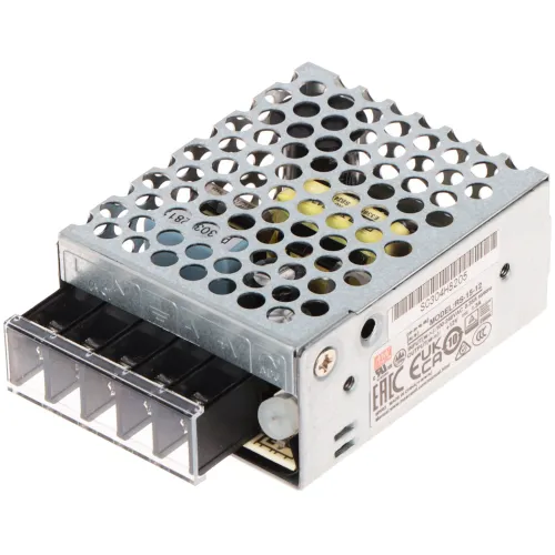 The image shows a compact, metal-cased switching power supply with a perforated design for ventilation. It features multiple connection terminals on one side and is labeled with various certification marks.