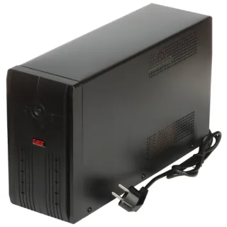 A sleek black uninterruptible power supply (UPS) with a minimalist design and LED indicators on the front panel. The device includes a power cord with a European plug, suitable for providing backup power to electronic devices.
