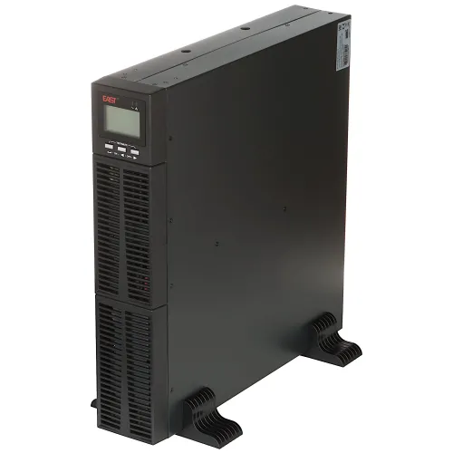 The image shows a sleek, black rack-mounted UPS with a digital display and control buttons on the front panel. It features sturdy side supports for vertical placement and ventilation grilles for efficient cooling.