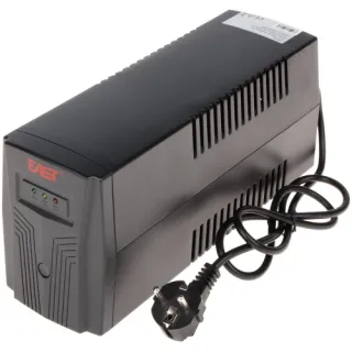 A black uninterruptible power supply (UPS) with LED indicators and a European plug is shown. The device features a sleek design with ventilation slits on the sides.