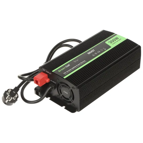 The image shows a Green Cell UPS inverter designed for central heating pumps, featuring a black rectangular body with a green label and a 300W power capacity. It includes a cooling fan, power cables, and a European plug for easy connectivity.