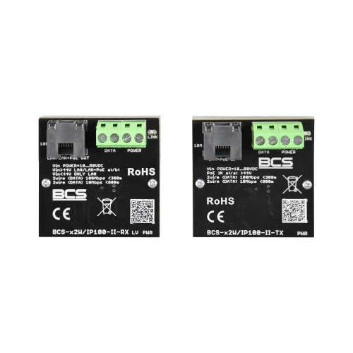 The image shows two black BCS active converters with green terminal blocks and various certification markings. Each converter is labeled with "RoHS" and features ports for power and data connections.
