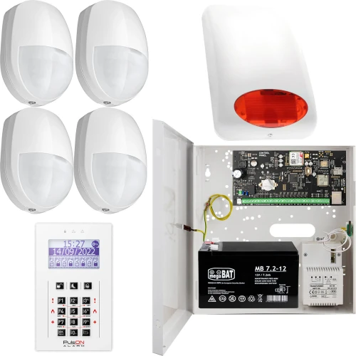 The image shows a comprehensive alarm system kit featuring a control panel, four motion detectors, a siren, and a backup battery. The components are designed for enhanced security, with a sleek white finish and modern technology integration.