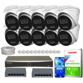 The image shows a comprehensive surveillance system package, including ten dome security cameras, a network video recorder, and a 1TB Toshiba surveillance hard drive. Additional components include two network switches, a bundle of Ethernet cables, and connectors, all designed for efficient and reliable monitoring.
