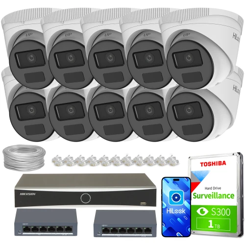 The image shows a comprehensive surveillance system package, including ten dome IP cameras, a Hikvision network video recorder, and a Toshiba surveillance hard drive. Also included are two network switches, cables, and connectors for complete installation.