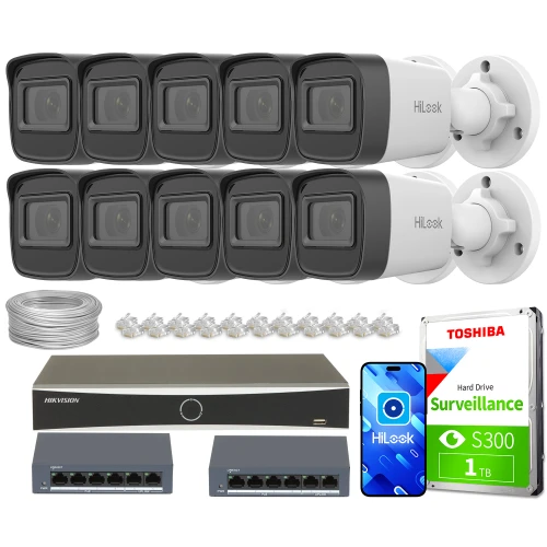 The image shows a comprehensive surveillance system package, including ten HiLook IP cameras, a Hikvision network video recorder, and a Toshiba surveillance hard drive. Also included are network cables, connectors, and a HiLook mobile app interface for remote monitoring.