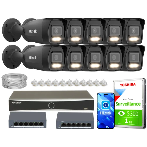 The image shows a comprehensive surveillance system package including ten HiLook IP cameras, a Hikvision network video recorder, and a Toshiba 1TB surveillance hard drive. Also included are two network switches, a bundle of Ethernet cables, and connectors for easy installation.