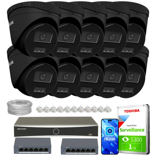 The image shows a comprehensive surveillance system package, including ten black dome IP cameras, a Hikvision network video recorder, and a Toshiba 1TB surveillance hard drive. Also included are two network switches, a bundle of cables, and connectors for easy installation.