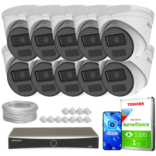 The image shows a comprehensive surveillance system package, including ten white dome IP cameras, a Hikvision network video recorder, a Toshiba 1TB surveillance hard drive, and necessary cables and connectors. This setup is designed for robust security monitoring, suitable for both residential and commercial use.