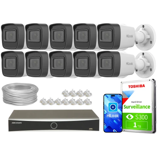 The image shows a comprehensive surveillance system package, including ten HiLook IP cameras, a Hikvision network video recorder, a Toshiba surveillance hard drive, and necessary cables and connectors. This setup is designed for robust security monitoring, offering high-quality video recording and storage solutions.