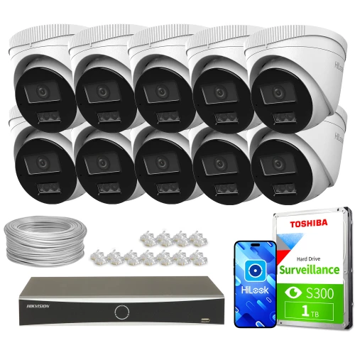 The image shows a comprehensive surveillance system package, including ten white dome security cameras, a digital video recorder, and a 1TB Toshiba surveillance hard drive. Additional components include a bundle of cables and connectors for installation.