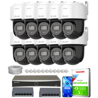 The image shows a comprehensive surveillance system package, including ten HiLook PTZ cameras, a Hikvision network video recorder, and a Toshiba 1TB surveillance hard drive. Also included are two network switches, cables, and connectors for complete installation.