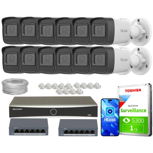 The image shows a comprehensive surveillance system package, including twelve HiLook IP cameras, a Hikvision network video recorder, and a Toshiba surveillance hard drive. Additional components include two network switches, a bundle of Ethernet cables, and several connectors.