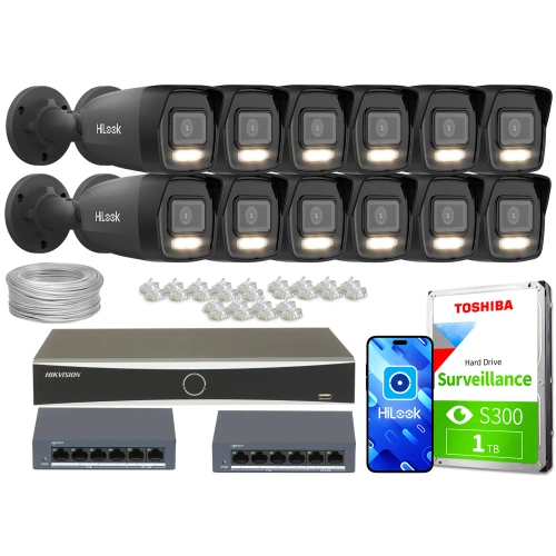 The image shows a comprehensive surveillance system package, including twelve HiLook IP cameras, a Hikvision network video recorder, and a Toshiba 1TB surveillance hard drive. Also included are network cables, connectors, and a smartphone displaying the HiLook app interface.