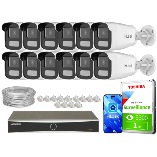 The image shows a comprehensive surveillance system package, including twelve HiLook IP cameras, a Hikvision network video recorder, a Toshiba surveillance hard drive, and necessary cables and connectors. This setup is designed for extensive security monitoring, offering high-quality video capture and reliable data storage.