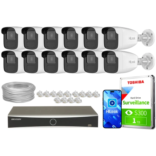 The image shows a comprehensive surveillance system package, including twelve HiLook IP cameras, a Hikvision network video recorder, a Toshiba 1TB surveillance hard drive, and necessary cables and connectors. This setup is designed for extensive security monitoring, providing high-quality video recording and storage solutions.
