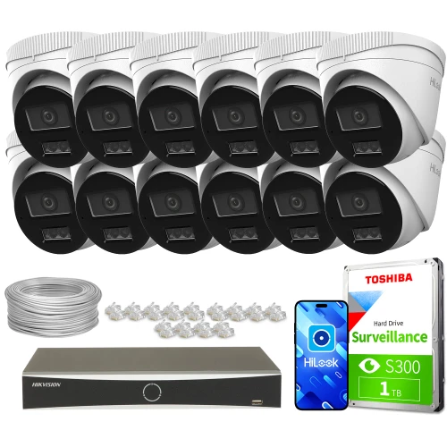 The image shows a comprehensive surveillance system package, including twelve white dome IP cameras, a Hikvision network video recorder, a Toshiba 1TB surveillance hard drive, and necessary cables and connectors. This setup is designed for robust security monitoring, suitable for both residential and commercial use.