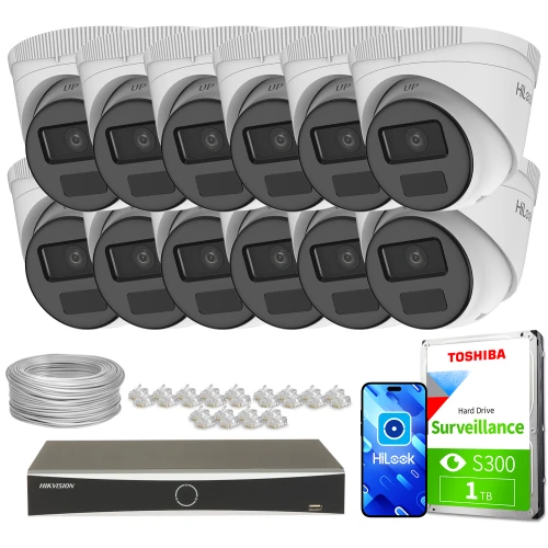 The image shows a comprehensive surveillance system package, including twelve dome IP cameras, a network video recorder, a Toshiba surveillance hard drive, cables, and connectors. This setup is designed for extensive security monitoring, offering high-quality video capture and storage solutions.