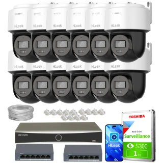 The image shows a comprehensive surveillance system package, including twelve HiLook PTZ cameras, a Hikvision network video recorder, two network switches, a Toshiba surveillance hard drive, and a bundle of cables and connectors. This setup is designed for extensive security monitoring, offering high-quality video capture and reliable data storage.
