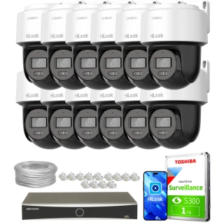 The image shows a comprehensive surveillance system package, featuring twelve HiLook PTZ cameras, a Hikvision network video recorder, and a Toshiba 1TB surveillance hard drive. Also included are cables and connectors necessary for installation.
