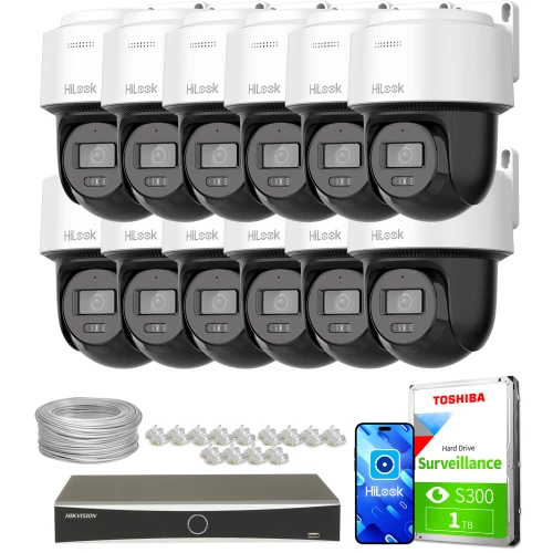 The image shows a comprehensive surveillance system package, featuring twelve HiLook PTZ cameras, a Hikvision network video recorder, and a Toshiba 1TB surveillance hard drive. Also included are cables and connectors necessary for installation.