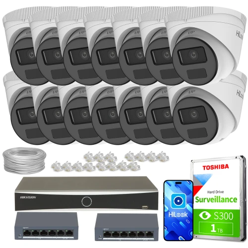The image shows a comprehensive surveillance system package, including 14 dome IP cameras, a Hikvision network video recorder, and a Toshiba 1TB surveillance hard drive. Additional components include two network switches, cables, and connectors for complete installation.