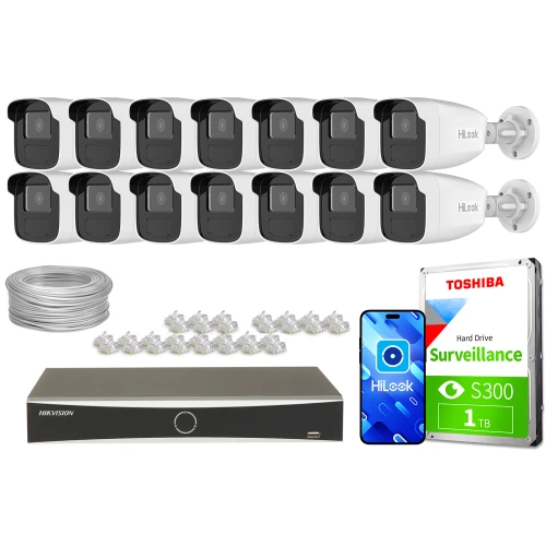 The image shows a comprehensive surveillance system package including 14 HiLook IP cameras, a Hikvision network video recorder, a Toshiba 1TB surveillance hard drive, and necessary cables and connectors. This setup is designed for extensive security monitoring, providing high-quality video capture and storage solutions.