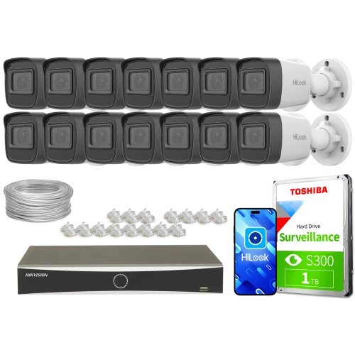 The image shows a comprehensive surveillance system package, including 14 HiLook IP cameras, a Hikvision network video recorder, and a Toshiba surveillance hard drive. Additional components include a coil of cable, connectors, and a mobile app interface for remote monitoring.