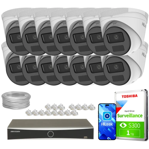 The image shows a comprehensive surveillance system package, including 14 white dome IP cameras, a digital video recorder, a Toshiba surveillance hard drive, and necessary cables and connectors. This setup is designed for extensive security monitoring, offering high-quality video capture and storage solutions.