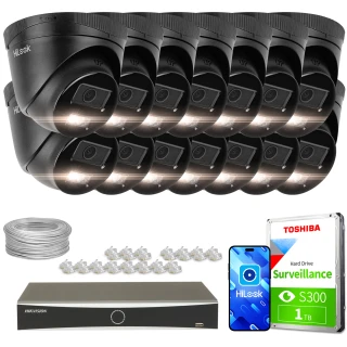 The image shows a comprehensive surveillance system package, including fourteen black dome IP cameras, a Hikvision network video recorder, and a Toshiba surveillance hard drive. Additional components include a bundle of cables and connectors, providing a complete setup for security monitoring.