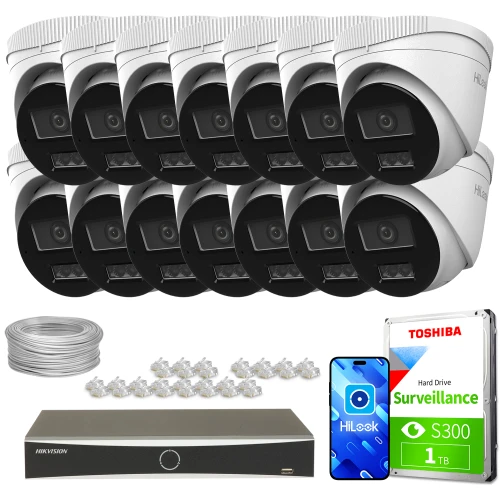 The image shows a comprehensive surveillance system package, including 14 white dome IP cameras, a digital video recorder, a 1TB Toshiba surveillance hard drive, and necessary cables and connectors. This setup is designed for extensive security monitoring, providing high-quality video capture and storage.