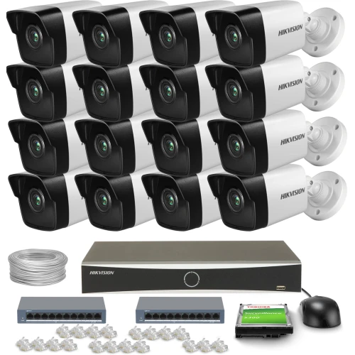 The image shows a comprehensive surveillance system package, including sixteen bullet cameras, a network video recorder, and necessary accessories like cables and connectors. The cameras are designed for outdoor use, providing high-resolution video monitoring for enhanced security.
