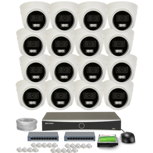 The image shows a comprehensive surveillance system package, including sixteen dome security cameras, a central recording unit, and various accessories such as cables and connectors. This setup is designed for extensive monitoring coverage, suitable for both residential and commercial use.